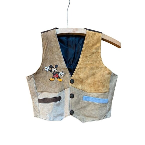 Vintage 70s Child's Mickey Mouse Suede Vest Patchwork Embroidered Brown